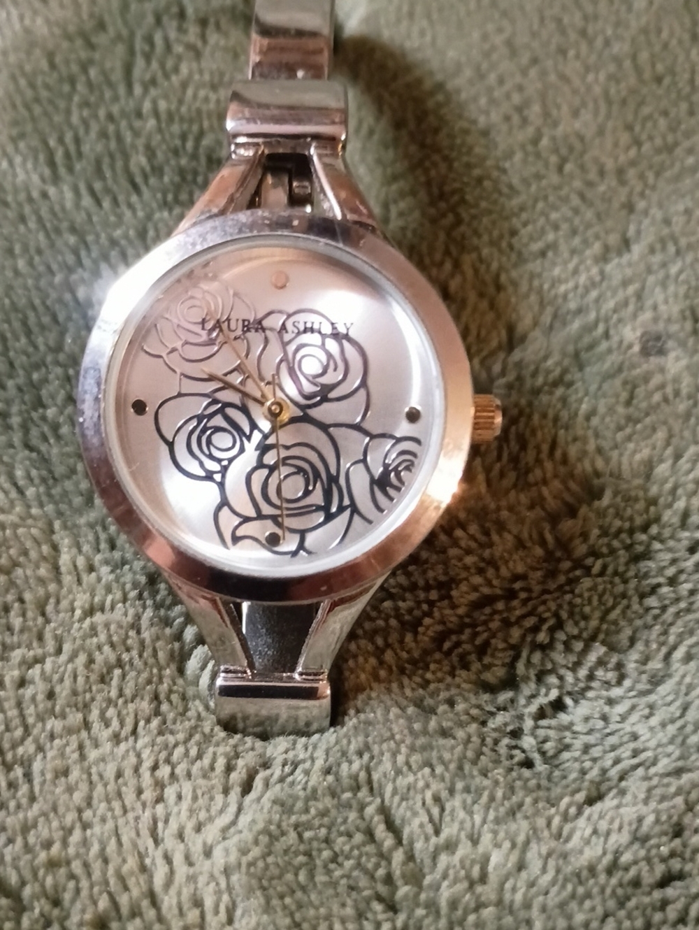 Laura Ashley Silver Floral Dial Bracelet Watch with Black Rose Motif